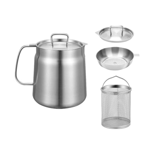 Stainless Steel Fryer, 50oz/68oz Oil Filter Pot, Large Capacity Oil Filter Vessel with Strainer Versatile, Multi-function Frying Net Tank for Kitchen Camping Deep Frying, Boiling,Simmering(2.0L/68oz)