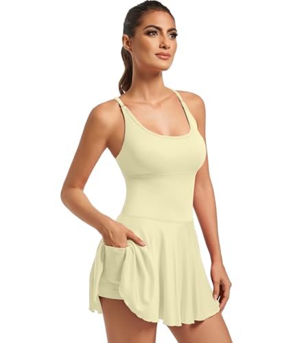 YOAKUKA Women's Flowy Tennis Dress with Built in Shorts & Bra Spaghetti Crossover Back Strap Athletic Workout Active Jumpsuit Beige — view 6