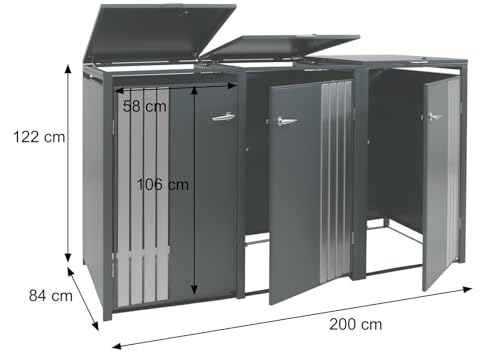 3er-Mülltonnenverkleidung HWC-O67, Mülltonnenbox mit Deckel, Metall 122x200x84cm 83kg - anthrazit Holzoptik dunkel
