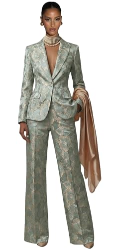 Hoawsyu Floral Satin Suit Set Women Plus Size 2 Piece Womens Suits Business Sage Green 1 Button Womens Suit Wedding Guest Pant Suits Size 4X-Large