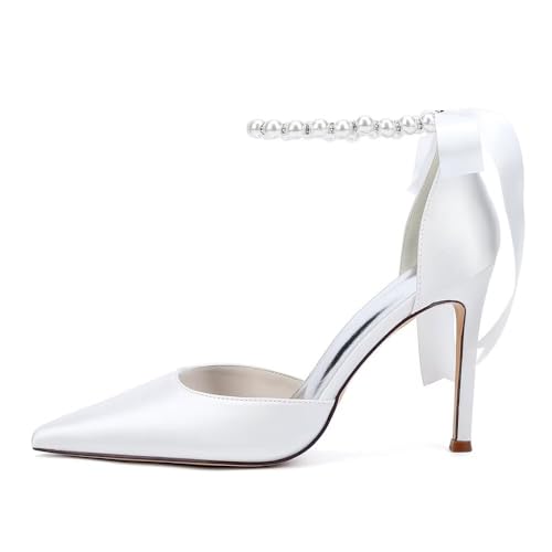 Women's Pearl Wedding Shoes for Bride High Heel Bridal Shoes Closed Pointy Toe Satin Wedding Dress Pumps3