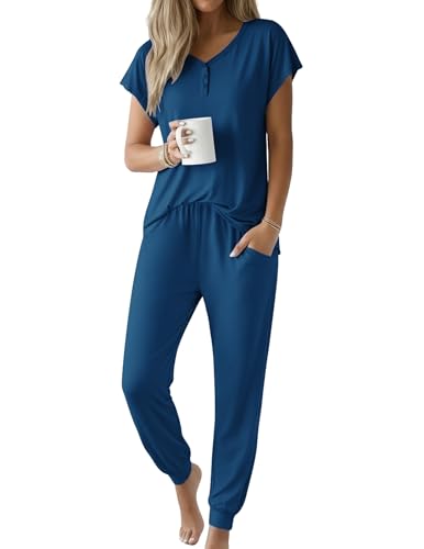 Ekouaer Viscose from Bamboo Women's Cooling Pajama Sets Navy Blue M