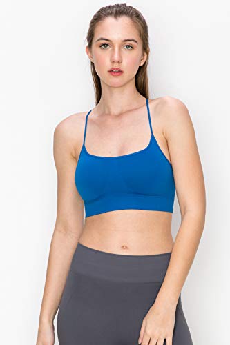 Kurve Women's Sports Bra Cami - Seamless Built-in Shelf Padded Camisole Workout Tank Top Removable Pads UPF 50+ Made in USA, Classic Blue, Medium/Large