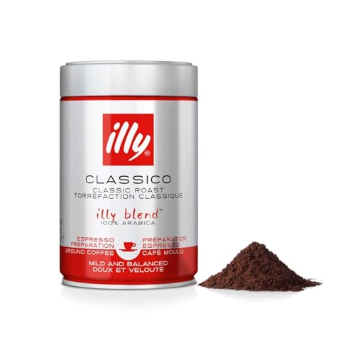 illy Gemahlener Kaffee für Espresso CLASSICO 100% Arabica mit Noten von Orangenblüten und Jasmin Sanfter Geschmack und Süßer Nachgeschmack 1 Dose mit 250g