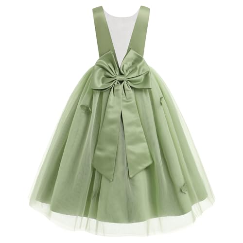 IDOPIP Flower Girl V-Backless Bowknot Dress for Kids Wedding Formal Party Pageant Maxi Gown Princess Communion Tulle Dresses