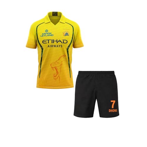 Image of CSK thala Dhoni 7 Official Team Jersey with Black Shorts 2024 for Boys and Men