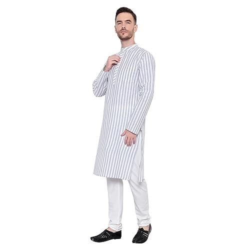 Image of LATEST CHIKAN Broad Striped Cotton Men's Long Kurtas