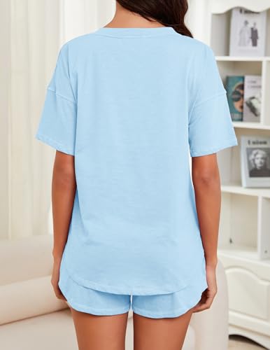 Image of KCW Pajamas for Women Set 2 Piece 100% Cotton Lounge Sets Short Sleeve Top and Shorts Pj Set Sleepwear Outfits
