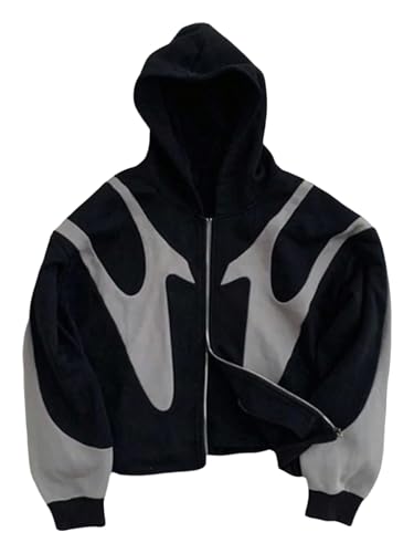 Men's Oversized Zip Up Hoodie Color Block Long Sleeve Hooded Sweatshirts Retro Jacket Streetwear