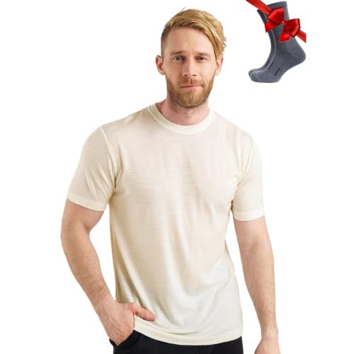 Image of Merino Wool T-Shirt Mens - Merino Wool Undershirt Thermal Shirt for Men and Hiking Socks