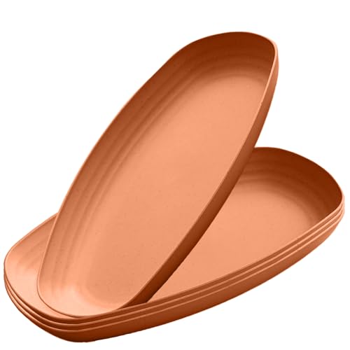 Image of Wheat Straw Plastic Dinnerware Unbreakable Dinner Plates for Dessert, Pasta, Cereal, Camping Dishes for Daily Use Microwave & Dishwasher Safe Dinnerware Sets Tray (Orange, Pack of 4)