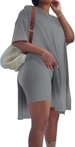Image of AXOSY Women Plus Size 2 Piece Outfits | Short Sleeve Tunic Tops, Skinny Biker Shorts, Comfortable Tracksuits, Soft Summer Sets, Breathable Material