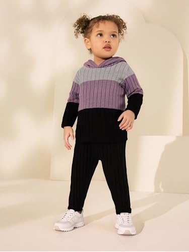 Image of Toddler Kid Girls Clothes Ribbed Color Block Long Sleeve Hoodie Sweatsuit Set Fall Outfits