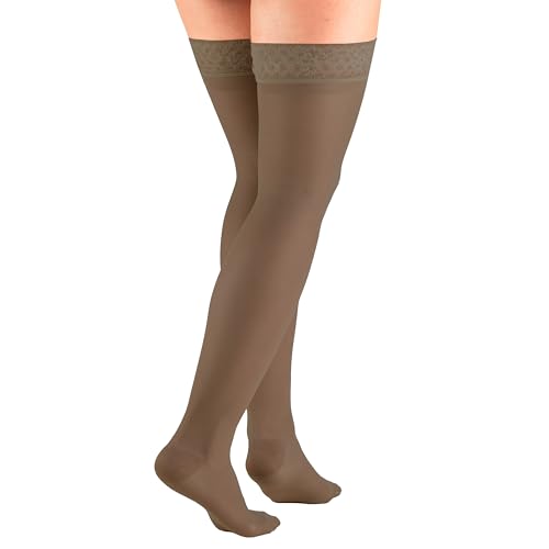 Image of Truform Sheer Compression Stockings, 15-20 mmHg, Women's Thigh High Length, 20 Denier, Espresso, Medium