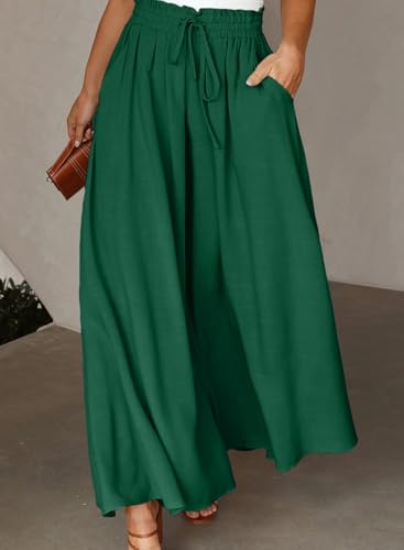 Eytino Plus Size Pants for Women Casual Drawstring Elastic Waist Wide Leg Pants Beach Trousers with Pockets,2X Blackish Green3