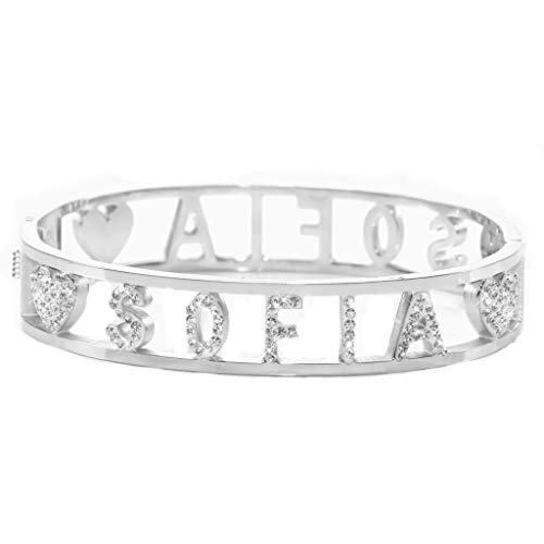 Flowers Bracciale Rigido Acciaio con Nome Vari e Zirconcini Sacchettino in tessuto Scritta nome ricoperta di strass Brillantissimi. Bracciale a Manetta Donna Chiusura a molla. Idea Regalo (Sofia)