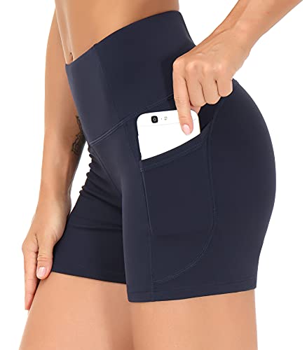 Image of THE GYM PEOPLE High Waist Yoga Shorts for Women's Tummy Control Fitness Athletic Workout Running Shorts with Deep Pockets