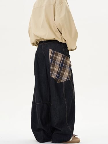 GUOYUXIAO Men's Jeans American-Style Checkered Curved-Leg Pants Loose-fit Retro Casual Trouser for Men3