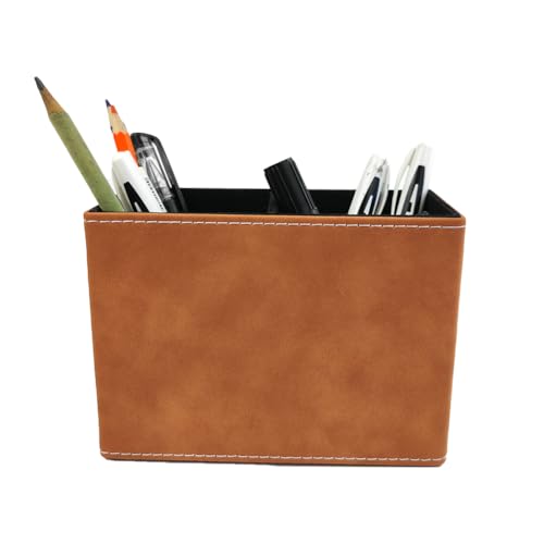 Fosinz ペン立て ペンスタンド 2仕切 PUレザー メガネスタンド 卓上収納 机上用品 小物入れ デスク上収納 子供部屋 書斎 (茶褐色)
