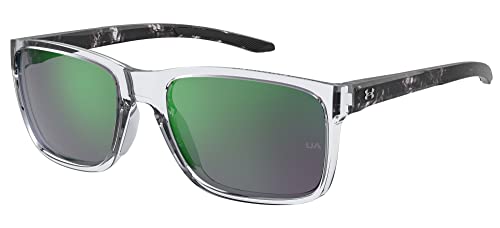 UA Hustle Rectangular Sunglasses, Crystal Black Frame w/ Green Mirror Lenses