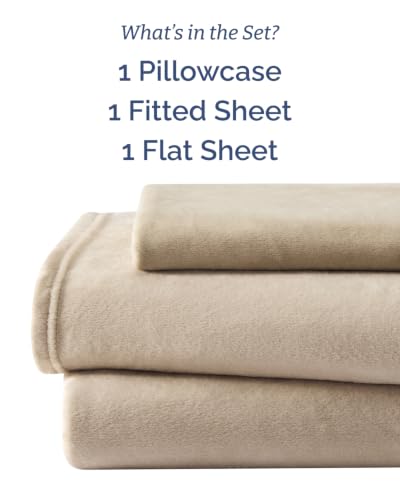 Image of Fleece Sheets Twin Size Set - 3-Piece Velvet Flannel Sheet Set - Oxford Tan