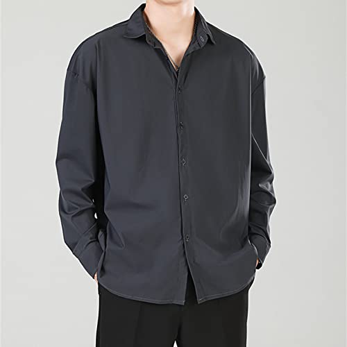 DGHM-JLMY Men's Casual Solid Color Loose Shirt Business Non Iron Long Sleeve Dress Shirt Slim Fit Formal Button Up Shirts3