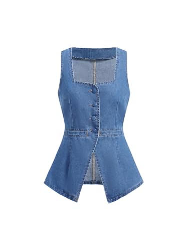 MakeMeChic Women's Button Down Denim Vest Tie Back Sleeveless Jean Square Neck Waistcoat Jacket