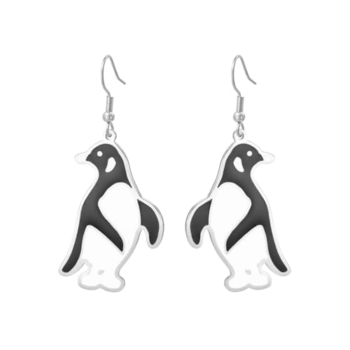 Dreamtimes Penguin Earrings for Women Stainless Steel Black White Drip Enamel Animal Dangle Drop Earrings Cute Cartoon Bird Jewelry Gift for Her (Silver)