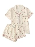 Verdusa Pajamas For Women Set 2 Piece Summer Pajama Sets Cute Pjs Lounge Matching Button Shirt with Shorts Apricot Medium