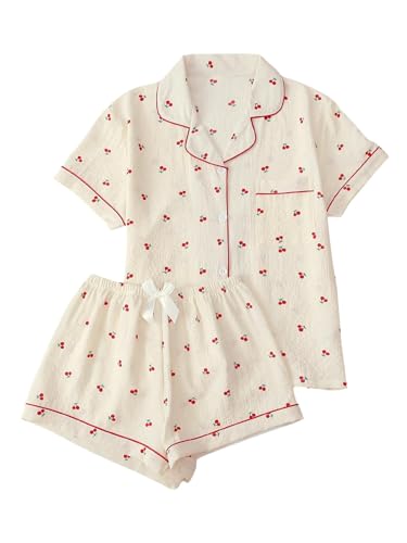 Verdusa Pajamas For Women Set 2 Piece Summer Pajama Sets Cute Pjs Lounge Matching Button Shirt with Shorts Apricot Large