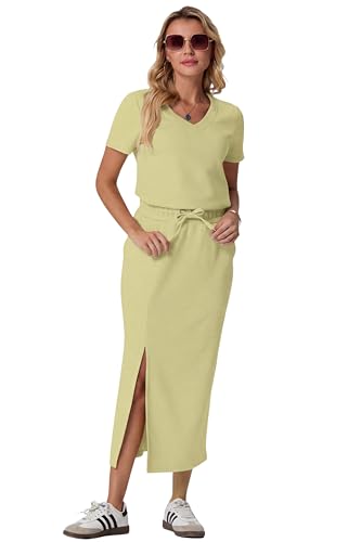 Image of GRECERELLE Women Summer Casual 2 Piece Sets V-Neck Wrinkle-Free Top & Elastic Waist Midi Side Slit Skirt with Pockets
