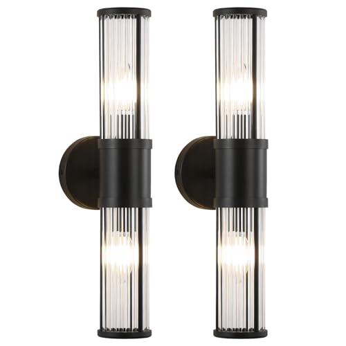 Image of Wall Sconces Set of 2, Farmhouse Vanity Lights Fixtures for Bathroom, 2-Light Modern Bath Wall Mount Lamp with Glass Rods Shade for Hallway, Living Room, Mirror, Kitchen