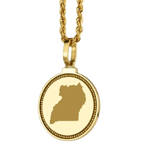 WORLD WIDE GEMS Pendentif rond en argent sterling 925, gravé d'une carte de l'Ouganda (25 mm), plaqué or, bijou de voyage unisexe | WW_EGMP_0082
