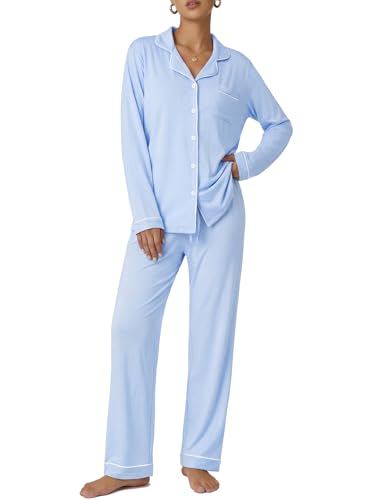 Image of Ekouaer Pajamas Women's Long Sleeve Sleepwear Soft Button Down Loungewear Pjs Lounge Set Nightwear XS-XXL