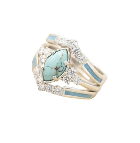 3 PCS Ring Set Natural Turquoise Diamond Rings Western Jewelry Turquoise Silver Color Rings for Women Bohemian Joint Knuckle Rings Finger Ring Turquoise Jewelry Sparkling Natural Gemstone-Oval 8