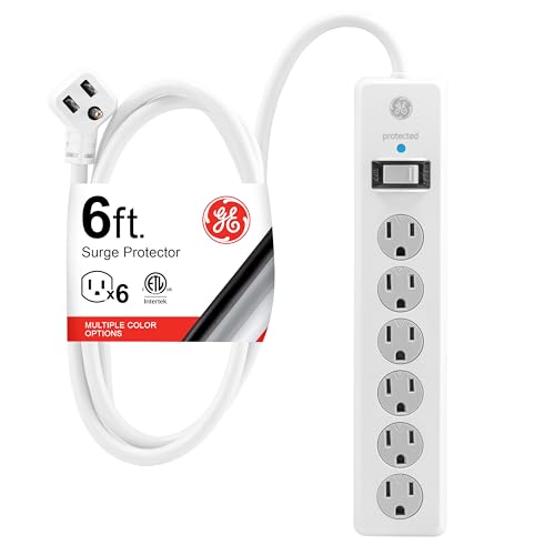 GE Surge Protector Power Strip, 6 Ft Extension Cord, 6 Outlet Extender, 800 Joules, Flat Plug, Twist-to-Close Safety Covers, ETL Listed, White, 67051