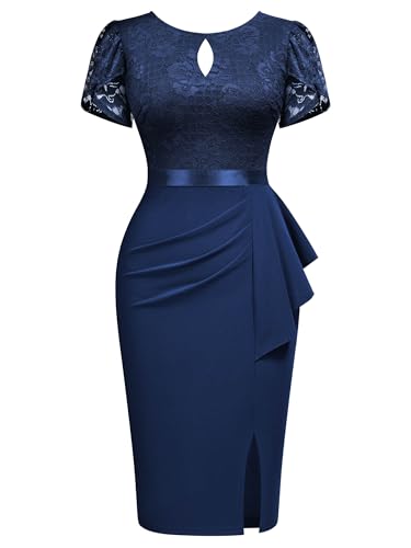 Image of Miusol Women's Elegant Scoop Neck Puff Sleeve Floral Lace Ruffle Style Cocktail Party Dress