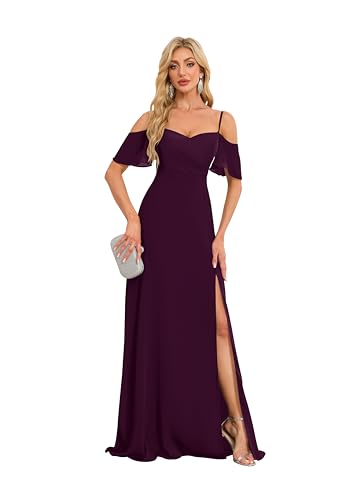 Image of Off The Shoulder Chiffon Bridesmaid Dresses with Slit 2025 Long Pleated Formal Evening Gown Grape US8 HGR93