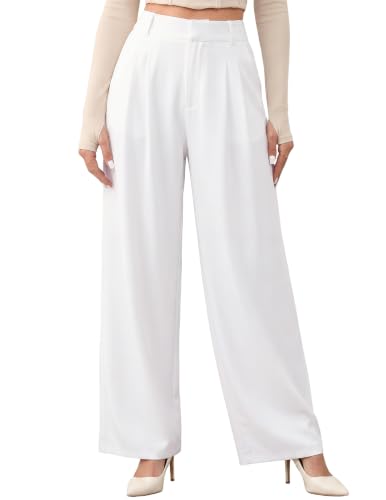 GEKCM High Waisted Work Pants for Women Wide Straight Leg Office Trousers Business Casual Trousers Slacks with Pockets White L