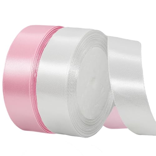 2 Rolls Pink White Ribbon, 1 Inch x 50 Yards Satin Pink Fabric Ribbon for Flower Bouquets, Gift Wrapping, DIY Crafts, Birthday Cakes, Holiday, Wedding Party and Mother’s Day Decorations