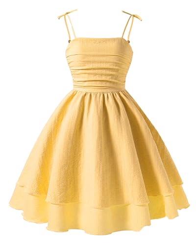 KEOYA Girls Smocked Ruched Spaghetti Strap Dress Layered A Line Swing Dresses Tie Shoulder Teens Formal Sundress Yellow 12Y