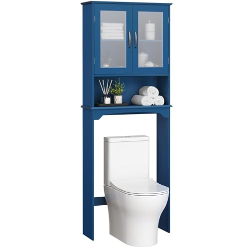 Yaheetech Over The Toilet Storage Cabinet, Free Standing Toilet Rack with Adjustable Shelves and Tempered Glass Doors for Bathroom Washroom, Navy Blue by Yaheetech - Used condition - CA$79.42