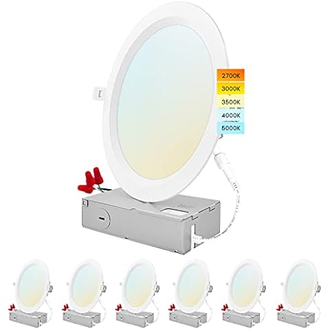 LUXRITE 8 Inch Ultra Thin LED Recessed Lighting, 23W, 5 Color Selectable 2700K | 3000K | 3500K | 4000K | 5000K, CRI 90, 1800 Lumens, Dimmable LED Wafer Lights, Wet Rated, Baffle Trim (6 Pack) Cover