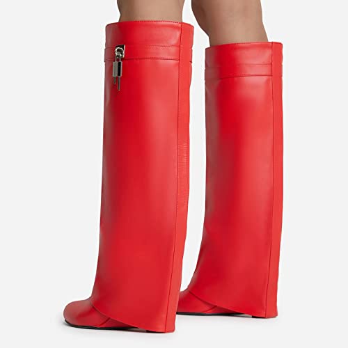 Yishaweiqi Fold Over Boots Wide-calf Wedge Heel Knee High Boot With Decorative Silver Lock Red Size 9.54