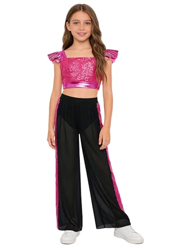 Traje de baile de disco para niñas, ropa de carnaval con lentejuelas y pantalón metalizado
