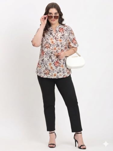 Image of SINDOORI Relaxed Fit Tops for Women Plus Size Solid Printed Mandarin Collar, Band Collar, V-Neck Top, Half Sleeve Loose Fit