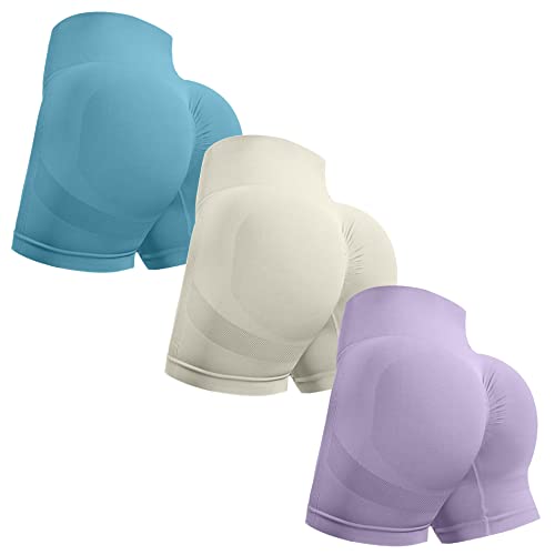 OVESPORT 3 Piece Workout Shorts for Women Seamless Scrunch Butt Lifting High Waisted Yoga Gym Booty Running Short Pants Small White/Skyblue/Purple