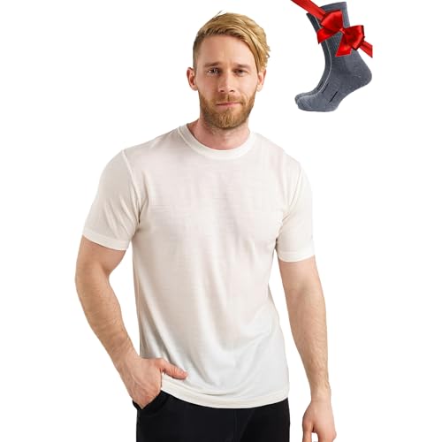 Merino Wool T-Shirt Mens - Merino Wool Undershirt Thermal Shirt for Men and Hiking Socks (Large, Creamy White)