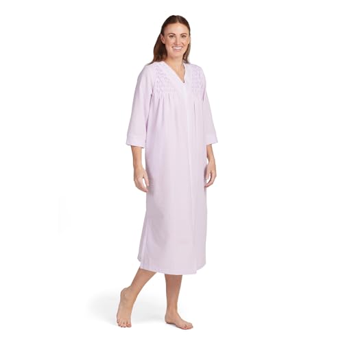 Image of Miss Elaine Long Seersucker Women's Robe, Pockets and Zipper with Front Embroidered Trim, Sleepwear & Loungewear