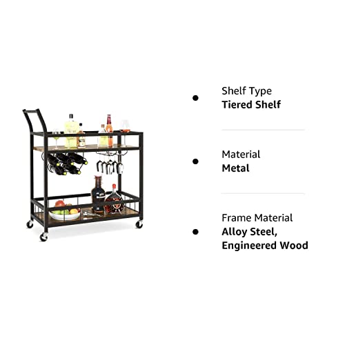 Jummico Bar Cart Industrial Home Mobile Wine Cart Serving Bar Cart On Wheels With Storage Shelves Wine Rack And Glass Holder For Living Room, Kitchen, Corridor, Hallway,Black #TOP7